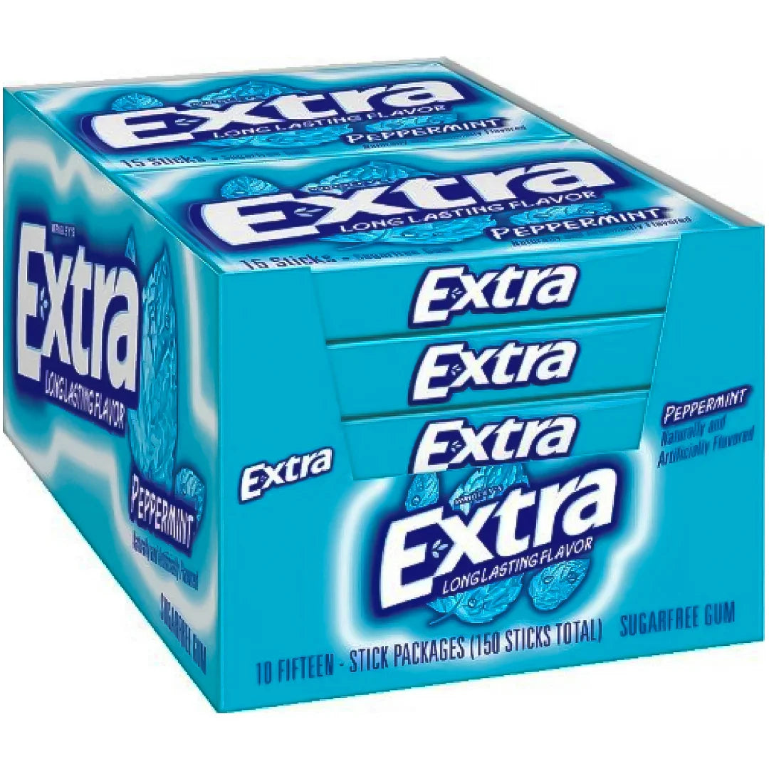 Extra Gum Peppermint Sugar Free Chewing Gum Bulk Pack, 15 Stick (10 Pack)