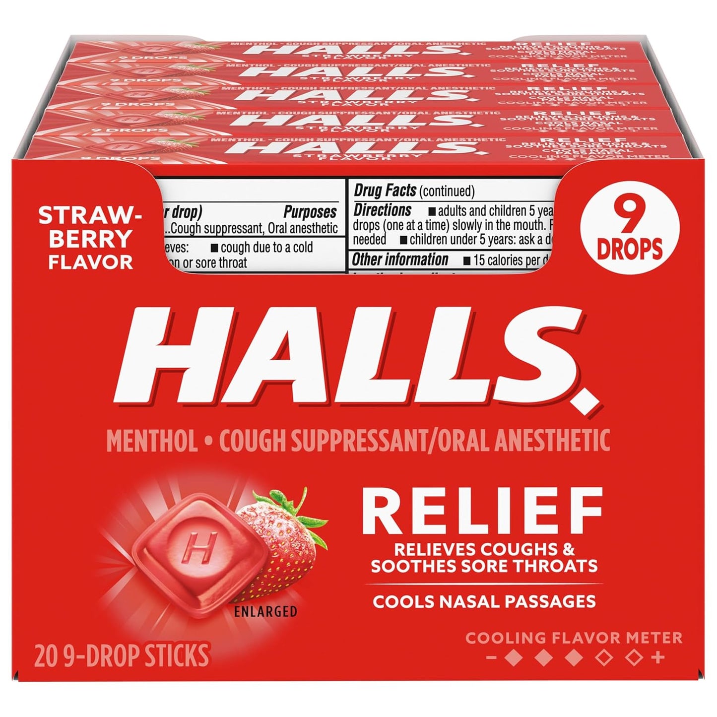 Halls Relief Strawberry Cough Drops, 20 Sticks of 9 Drops