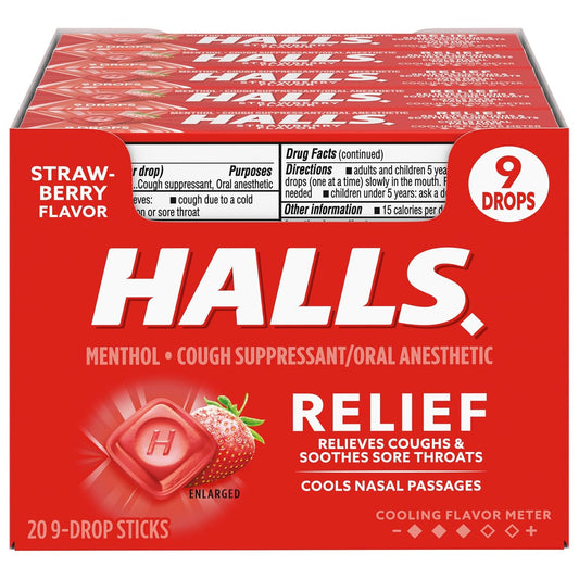 Halls Relief Strawberry Cough Drops, 20 Sticks of 9 Drops
