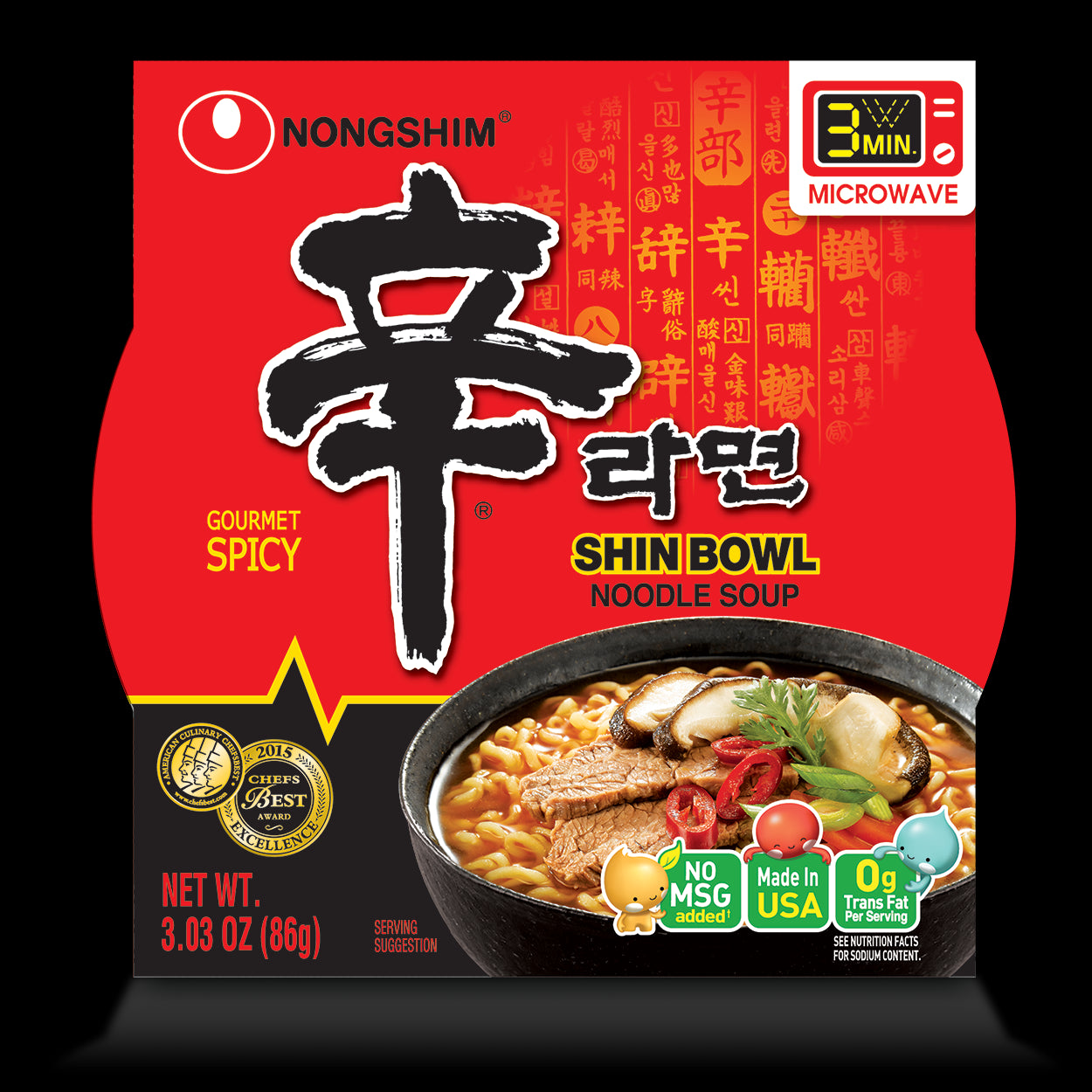 Nongshim Shin Ramyun Spicy Beef Ramen Noodle Soup Bowl 3.03oz X 12 Count
