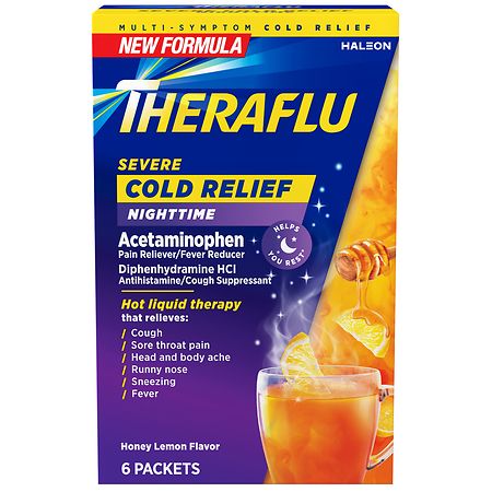 Theraflu Nighttime Severe Cold Relief Powder, Honey Lemon, 6 ct 1 PK