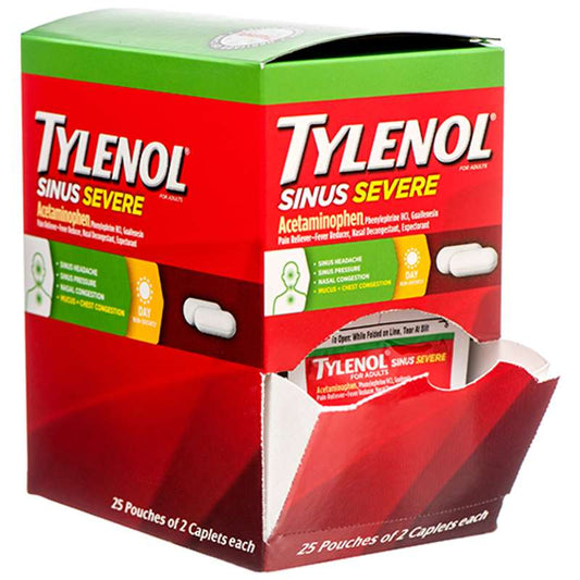 Tylenol Sinus Severe Dispenser Box With 25 Pouches Of 2 Caplets Each Medicine