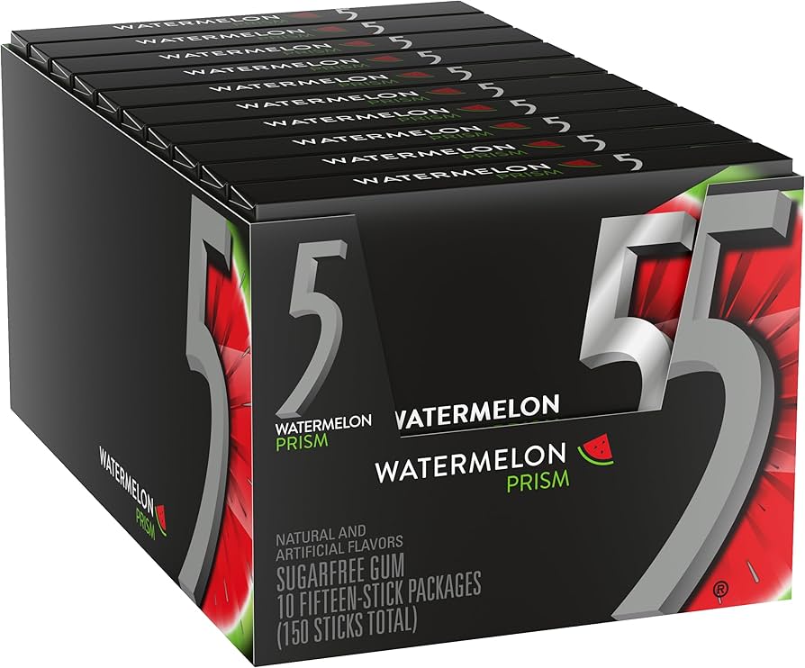 5 GUM Watermelon Prism Sugar Free Chewing Gum Bulk, 15 Stick Box (10 Pack)