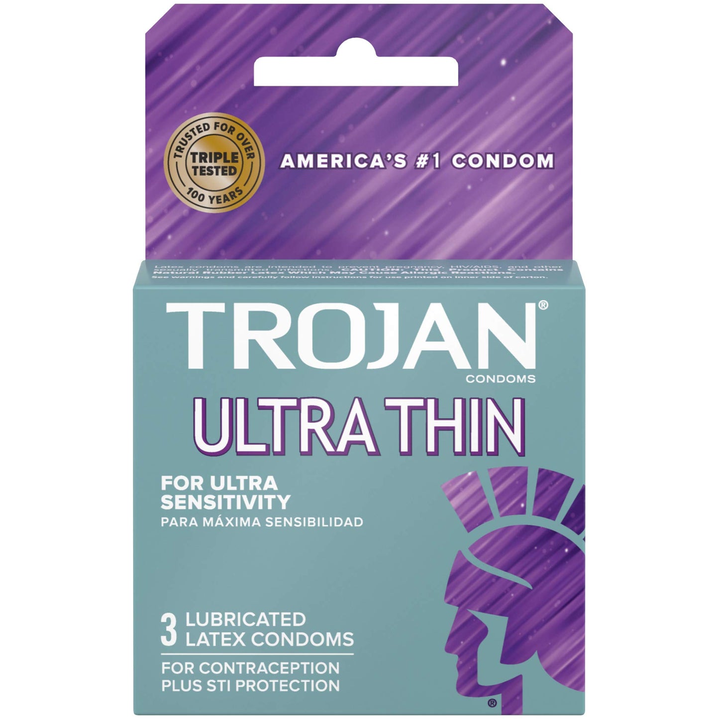 Trojan Ultra Thin Lubricated Condoms, specifically the 3-count pack,