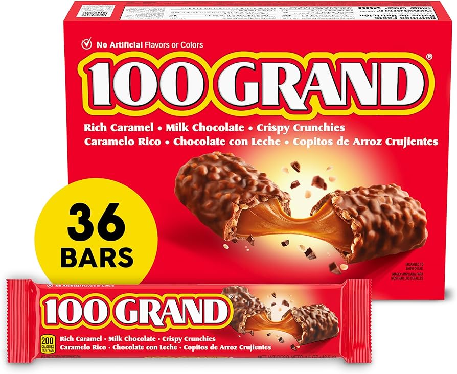 Crispy Milk Chocolate with Caramel 100 Grand Share Size Individually Wrapped Candy Bars 2.2 Oz 24 Ct