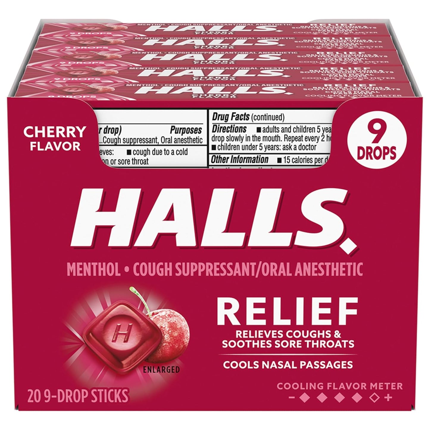 Halls Cherry Cough Drops - with Menthol - 180 Drops (20 sticks of 9 drops)
