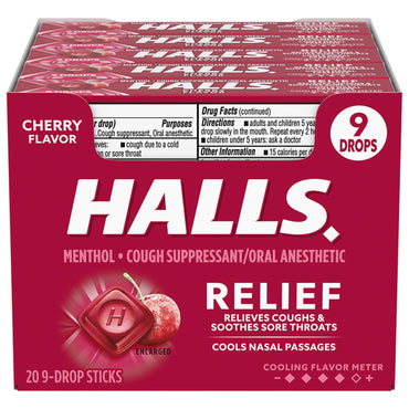 Halls Cherry Cough Drops - with Menthol - 180 Drops (20 sticks of 9 drops)