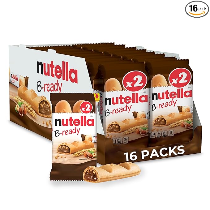 Nutella B-ready Wafer Bars, Hazelnut Spread with Cocoa, Individually Wrapped Snack Bar, 16 Packs of 2 Bars - 1.55 oz