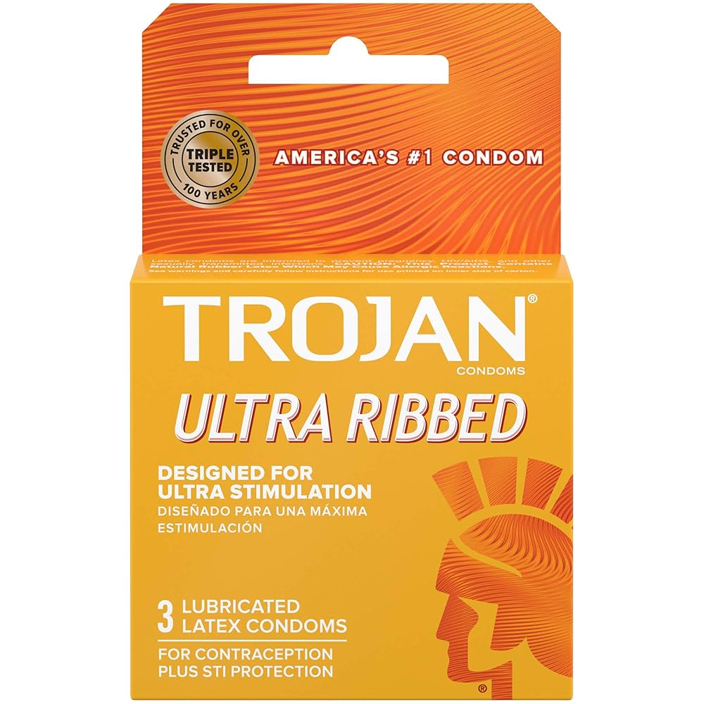 rojan Stimulations Ultra Ribbed Lubricated Condoms, specifically a 3-count pack