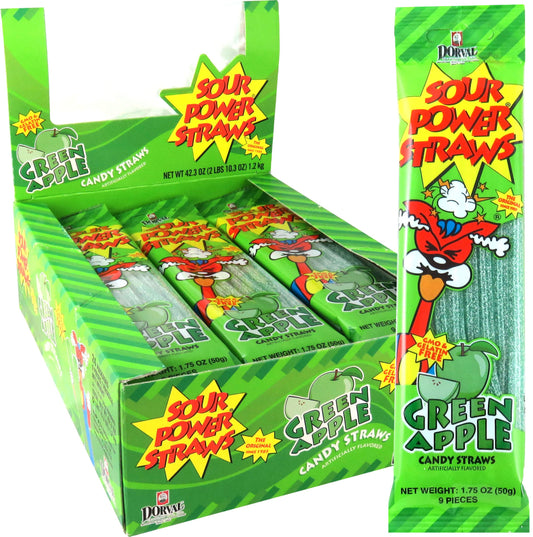 Sour Power Candy Straws, Green Apple, 1.75 oz (Pack of 24)