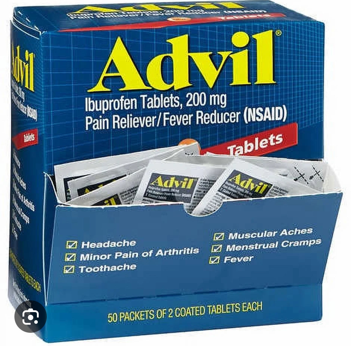 Advil Ibuprofen Packets, 2 Tablets per Packet, Box of 50 Packets