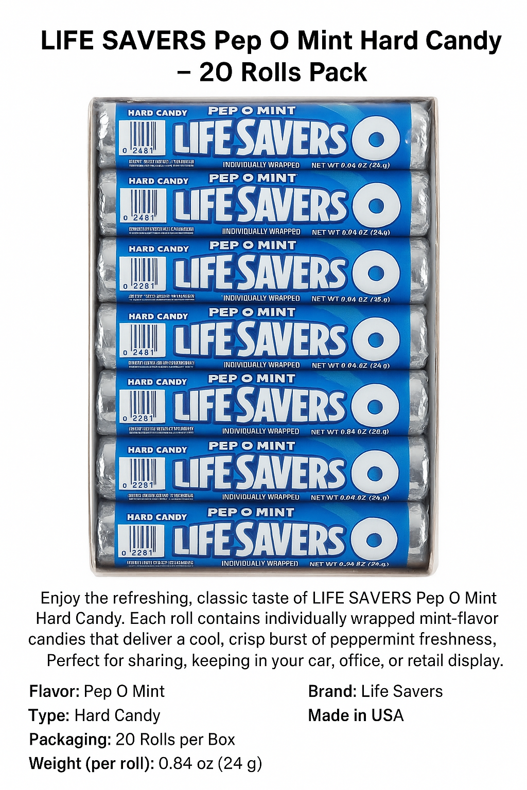 LIFE SAVERS Pep O Mint Hard Candy – 20 Rolls Pack .84 oz