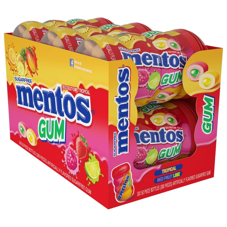 Mentos Sugar-Free Chewing Gum Tropical Red Fruit and Lime 50 Piece Bottle 6 Pack