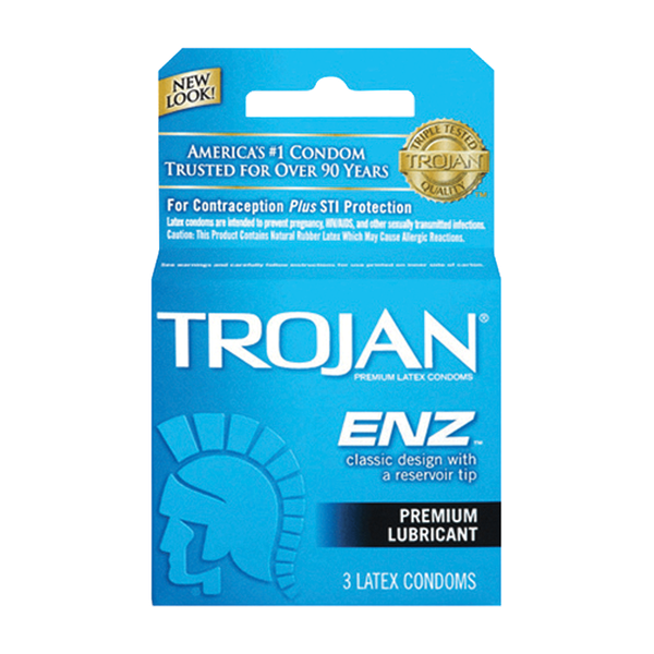 Trojan ENZ Premium Lubricated Latex Condoms, specifically a 3‑count pack