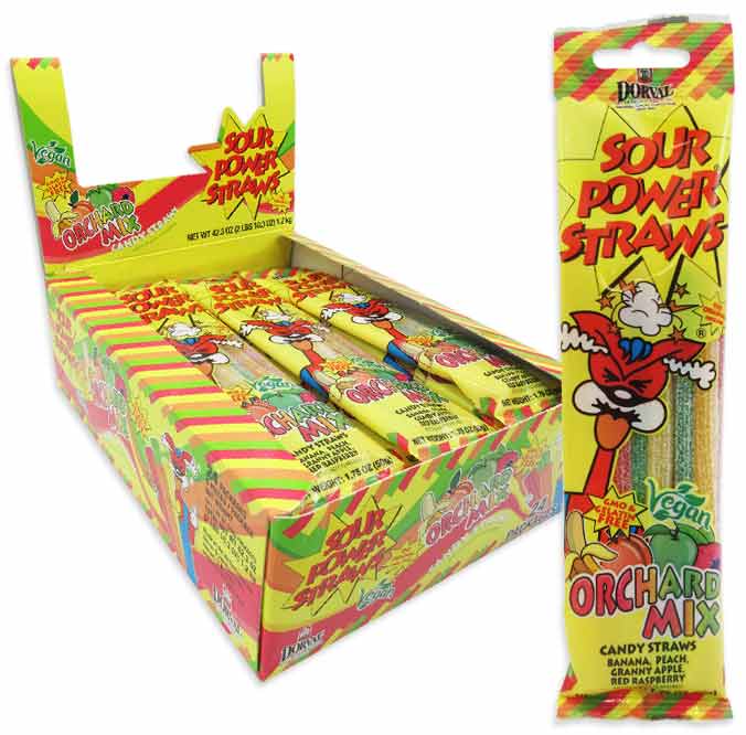 Sour Power Candy Straws Peg Bag – Orchard Mix: 24-Piece Display