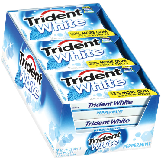 Trident Sugar-Free Gum, White Peppermint,16 Pieces/Pack, 9 Packs/Carton 67608 - All