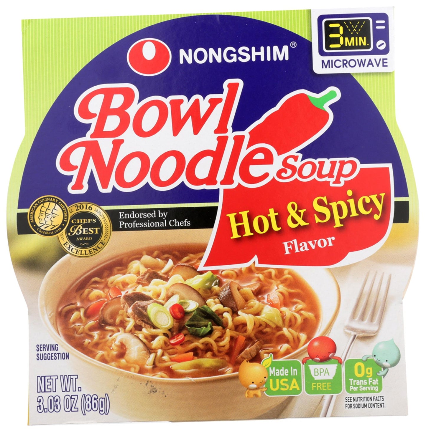 Nong Shim Hot & Spicy Noodles Bowl 3.03 Oz. 12 Ct