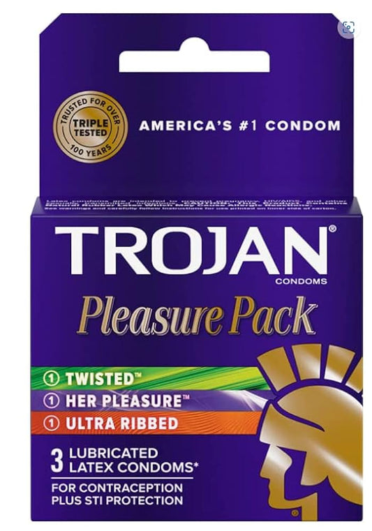Trojan Pleasure Pack Lubricated Premium Latex Condoms, a 3‑count blister card
