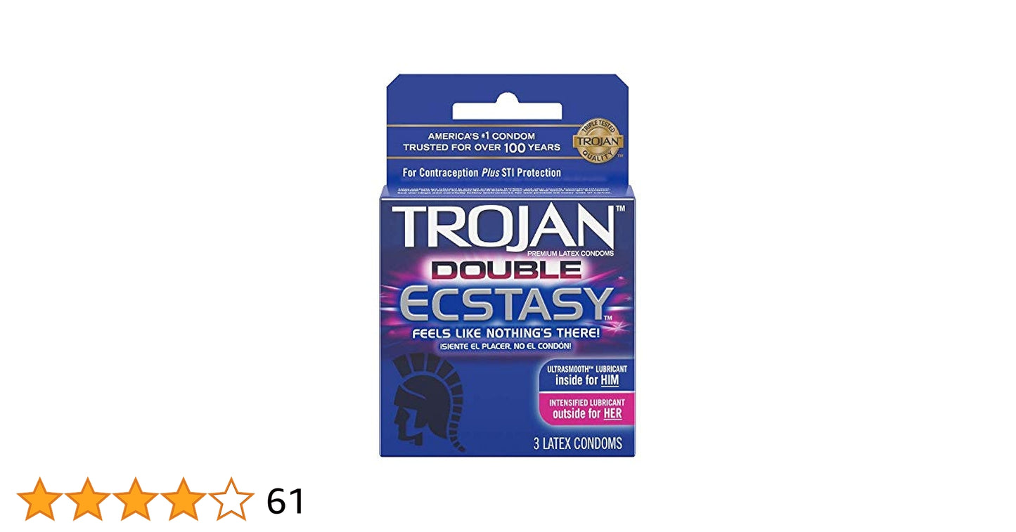 Trojan Double Ecstasy Condoms, a 3-count blister pack featuring the innovative Double Ecstasy design.