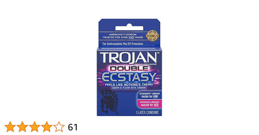 Trojan Double Ecstasy Condoms, a 3-count blister pack featuring the innovative Double Ecstasy design.