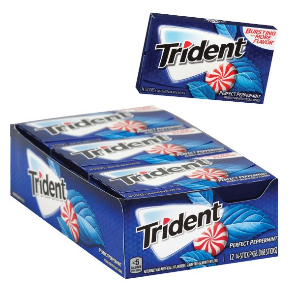 Trident Sugar Free Gum, Perfect Peppermint. It is a 12-pack of gum, with 14 sticks per pack.