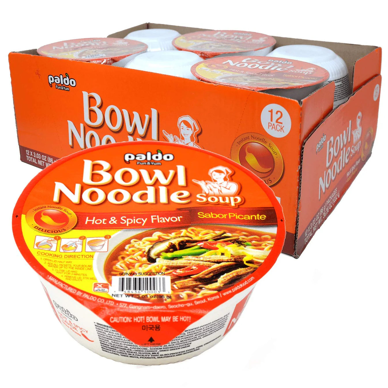 Paldo Bowl Noodle Soup Hot & Spicy flavor, 36.40 oz 12bowls