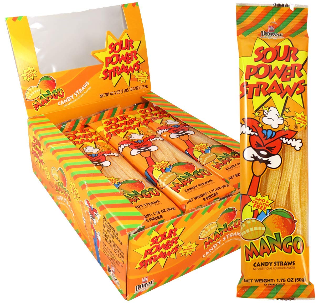 Dorval Sour Power Mango Candy Straws, 1.75 Ounce 24 Count