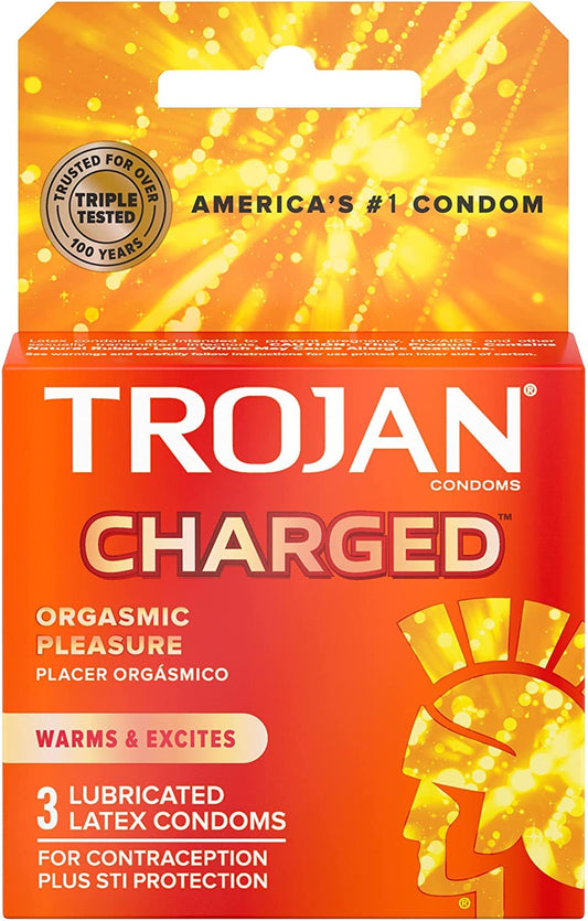 Trojan Charged Lubricated Condoms, also known as Trojan Intensified Charged Orgasmic Pleasure, in a 3-count blister pack