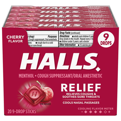 Halls Cherry Cough Drops - with Menthol - 180 Drops (20 sticks of 9 drops)