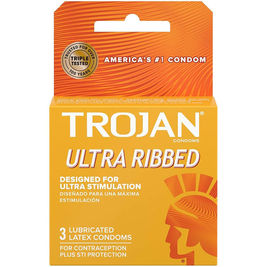 rojan Stimulations Ultra Ribbed Lubricated Condoms, specifically a 3-count pack