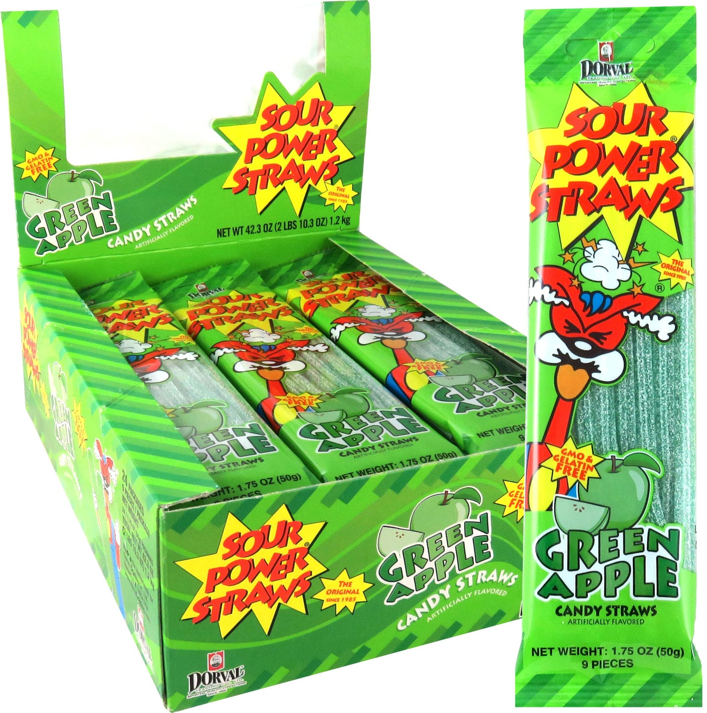 Sour Power Candy Straws, Green Apple, 1.75 oz (Pack of 24)