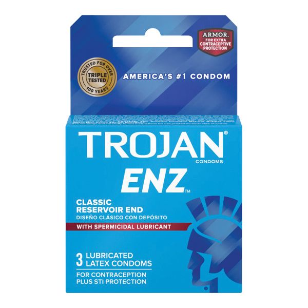 Trojan ENZ Premium Spermicidal Lubricated Latex Condoms, a 3‑count blister pack