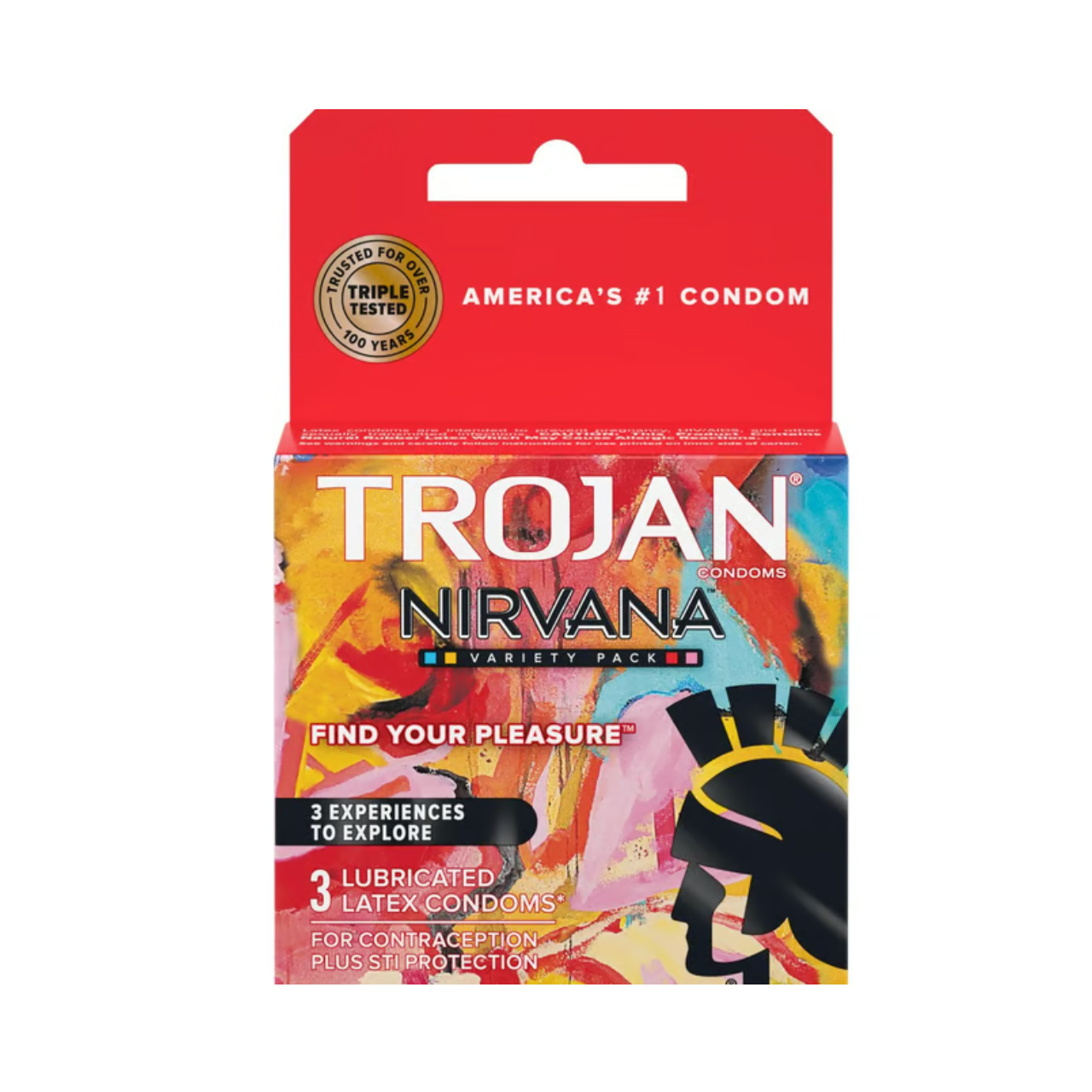 Trojan Nirvana Variety Pack—a 3-count lubricated latex condoms pack, commonly sold in multipacks such as 6‑packs (total 18 condoms)
