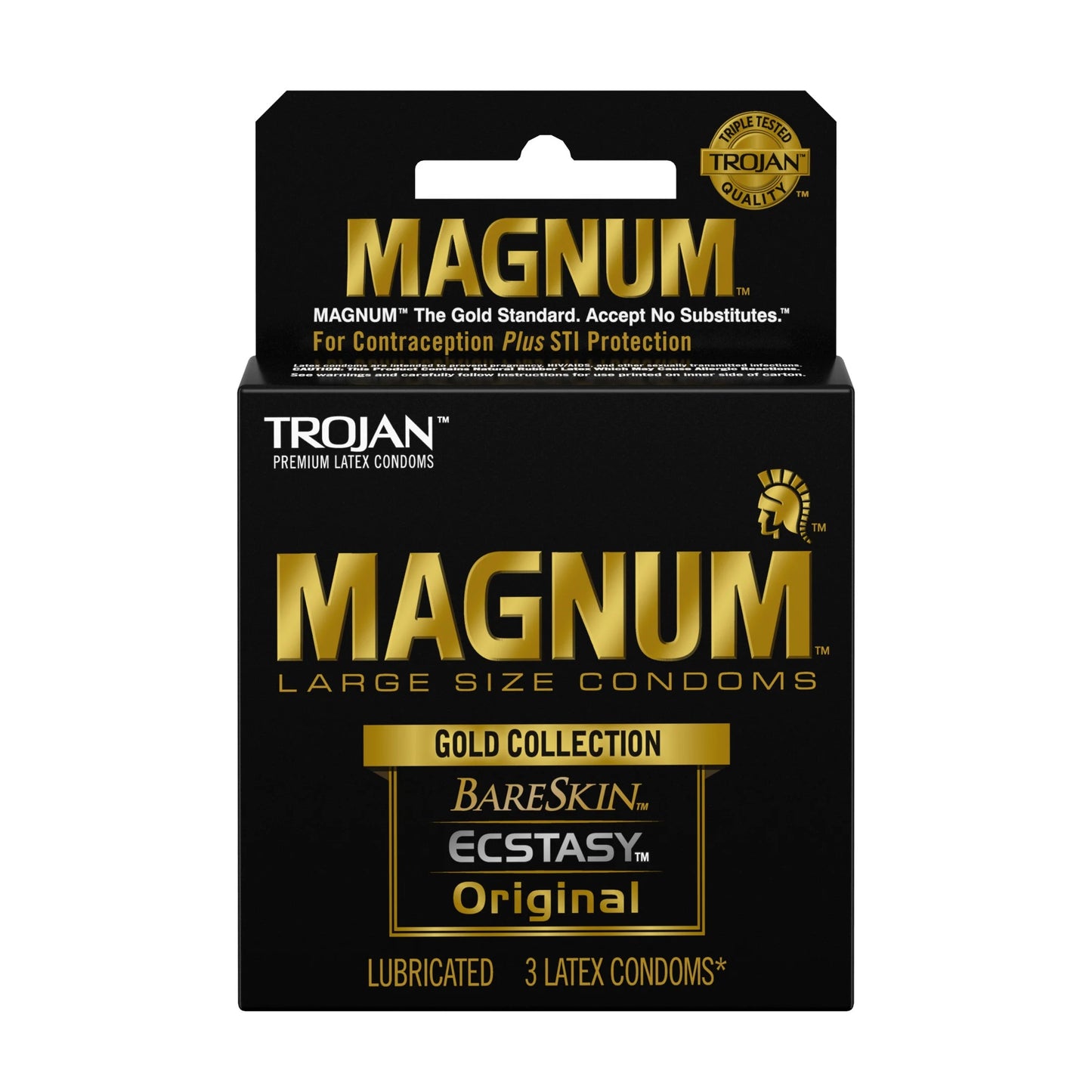 Trojan Magnum Gold Collection, a 3‑count large‑size condom variety pack.