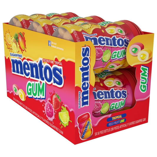 Mentos Sugar-Free Chewing Gum Tropical Red Fruit and Lime 50 Piece Bottle 6 Pack
