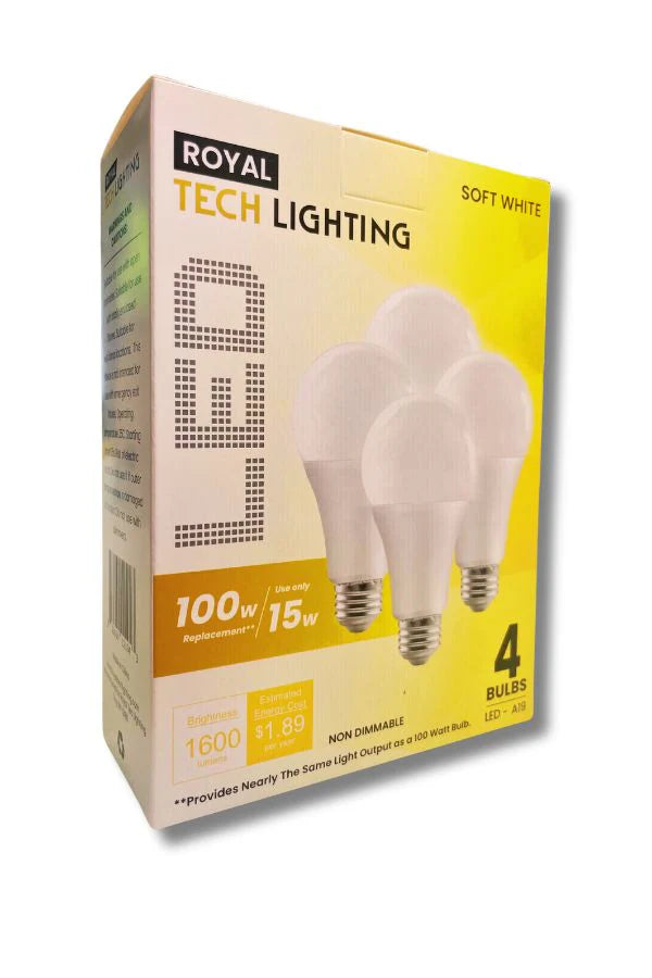 Royal Tech A19 LED Lights 100W Soft White 4PCK