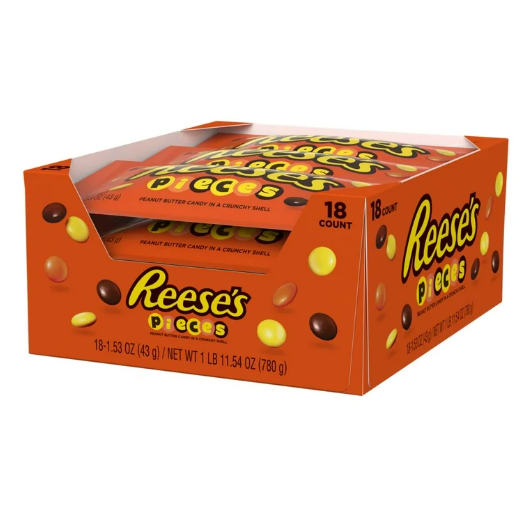 Reese’s Pieces, 1.53 oz pouch – packaged in a box of 18.