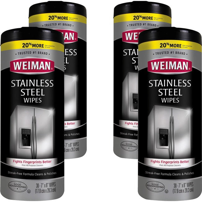 Weinman Stainless Steel Wipes, 7" X 8", 30 Wipes/Canister, 4 Canisters/Case
