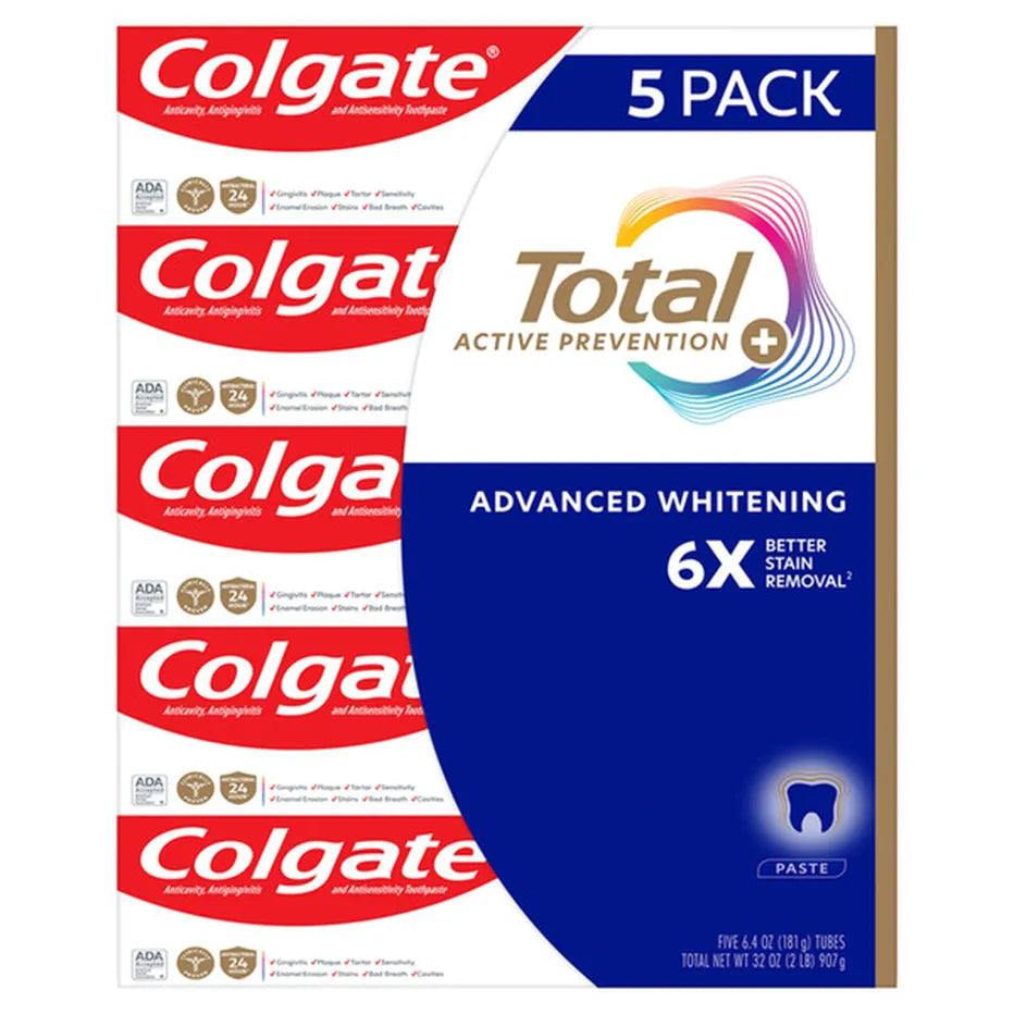 Colgate Total Active Prevention Advanced Whitening Toothpaste 6.4Oz, (5 Count)