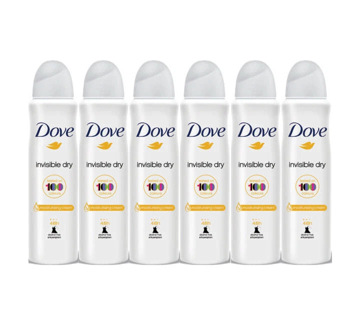Dove Invisible Dry Antiperspirant Deodorant Spray – Pack of 6 × 150ml, tested on 100 colors, 48h protection with moisturizing cream.
