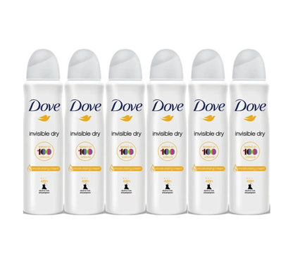 Dove Invisible Dry Antiperspirant Deodorant Spray – Pack of 6 × 150ml, tested on 100 colors, 48h protection with moisturizing cream.