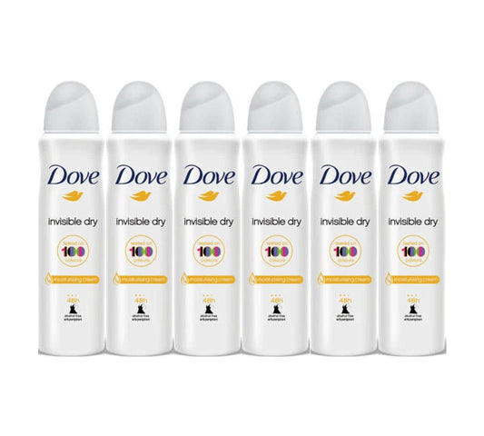 Dove Invisible Dry Antiperspirant Deodorant Spray – Pack of 6 × 150ml, tested on 100 colors, 48h protection with moisturizing cream.