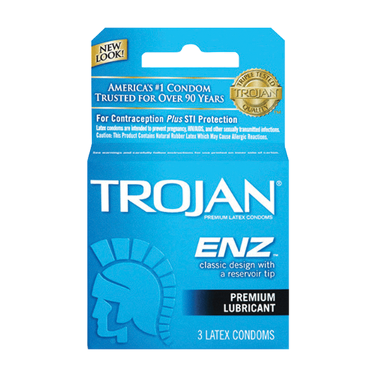 Trojan ENZ Premium Lubricated Latex Condoms, specifically a 3‑count pack